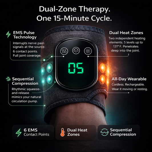 <strong> "The ankle has no natural pump. No single pad fixes that. EMSense wraps the entire joint — Heat, EMS, and Compression working in one 15-minute cycle — because half-coverage is why nothing has worked."