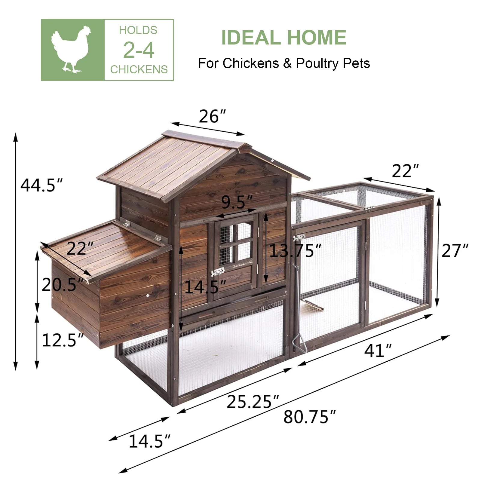 Durable Outdoor Chicken Coop for 5 Chickens – Weatherproof Wooden Hen House with Run, Nesting Box & Removable Tray